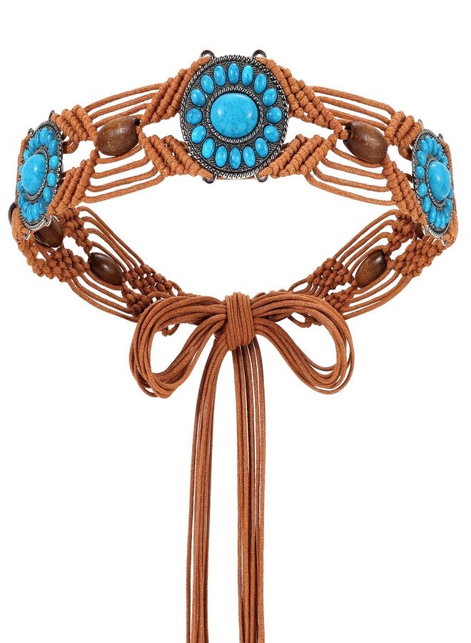 WHIPPY Boho Braid Waist Belt for Women Turquoise Wax Rope Hand-Woven Belt with Tassel Ethnic Western Women Belt for Dress, Brown - Image 1