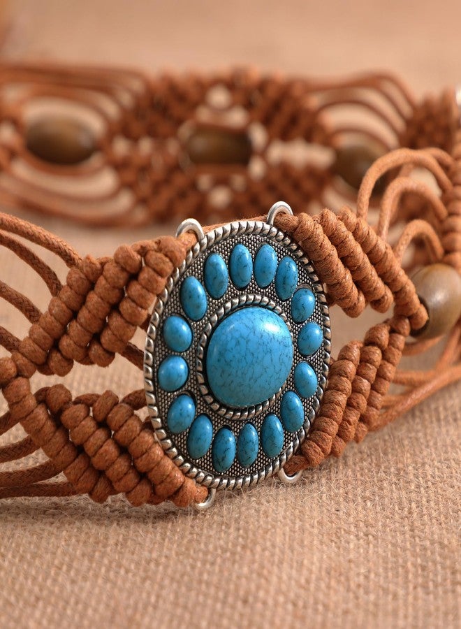 WHIPPY Boho Braid Waist Belt for Women Turquoise Wax Rope Hand-Woven Belt with Tassel Ethnic Western Women Belt for Dress, Brown - Image 3