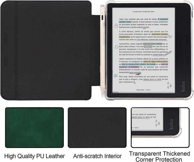 GOVTVA حقيبة جلدية من نوع Folio لقارئ Kobo Libra Colour مقاس 7 بوصة (2024) - غطاء فائق النحافة مع خاصية السكون/الاستيقاظ التلقائي المحسّنة، وظهر شفاف من TPU، وإغلاق مغناطيسي، وحامل للقلم (أخضر) - Image 2