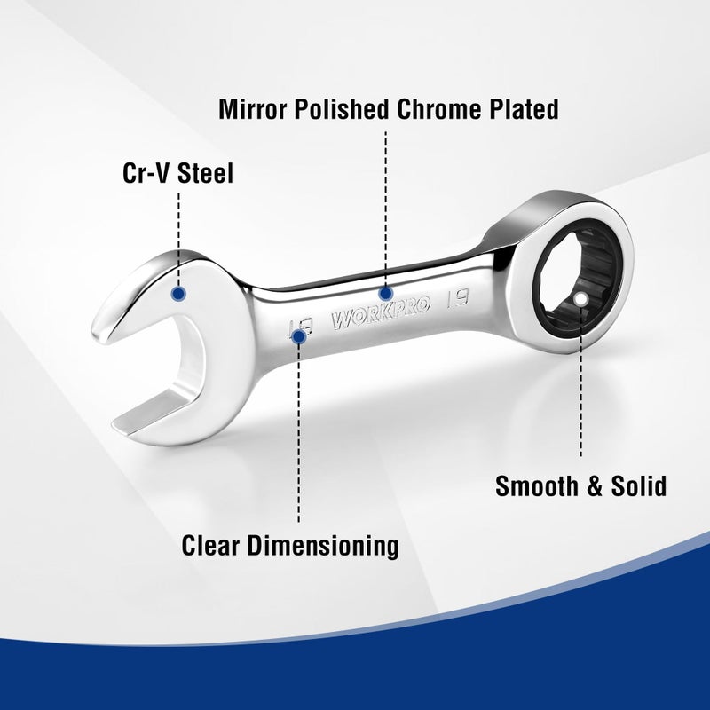 WORKPRO 12-piece Stubby Ratcheting Wrench Set, Metric 8-19mm, 72-Tooth, Cr-V Steel, Small Ratchet Combination Wrenches Set with Premium Storage Case - Image 5