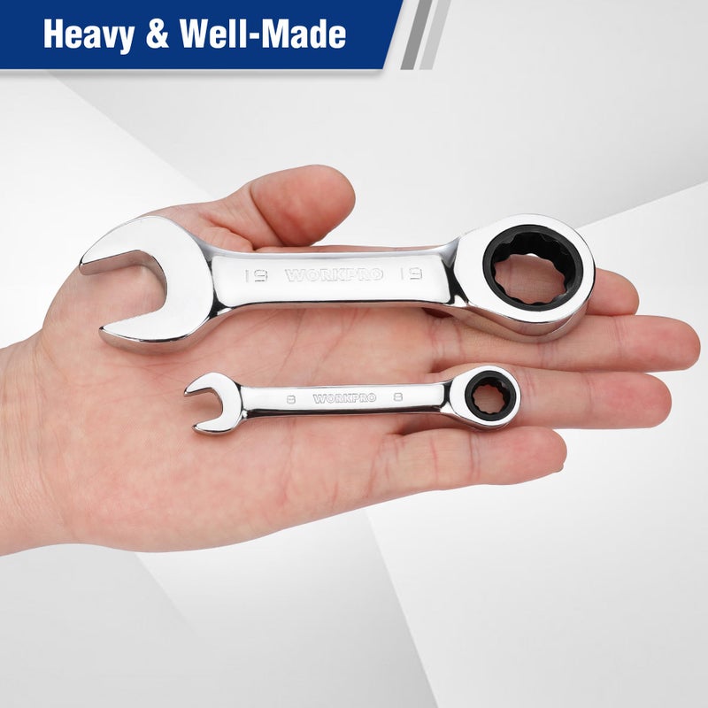 WORKPRO 12-piece Stubby Ratcheting Wrench Set, Metric 8-19mm, 72-Tooth, Cr-V Steel, Small Ratchet Combination Wrenches Set with Premium Storage Case - Image 3