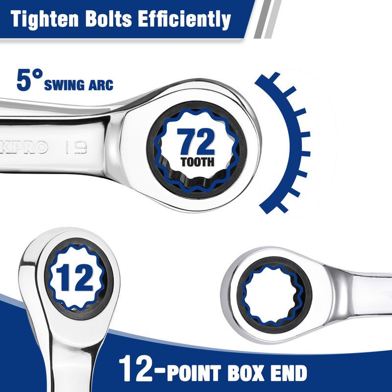 WORKPRO 12-piece Stubby Ratcheting Wrench Set, Metric 8-19mm, 72-Tooth, Cr-V Steel, Small Ratchet Combination Wrenches Set with Premium Storage Case - Image 4