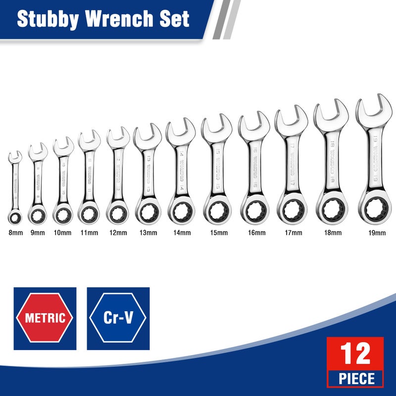 WORKPRO 12-piece Stubby Ratcheting Wrench Set, Metric 8-19mm, 72-Tooth, Cr-V Steel, Small Ratchet Combination Wrenches Set with Premium Storage Case - Image 2