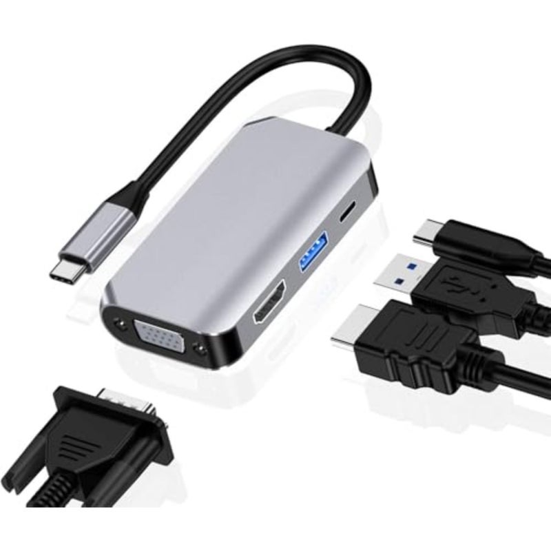 محول USB C إلى HDMI VGA 4 في 1، محطة إرساء تحويل متعددة المنافذ USB-C مع 4K HDMI، 1080P VGA، USB3.0، منافذ شحن PD، متوافقة مع MacBook Pro/Air، iPad Pro، إلخ. - Image 1