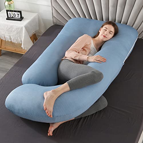 Elover Pregnancy Pillows with Cooling Cover,U-Shaped Full Body Maternity Pillow for Side Sleepers 57 Inch-Support for Back, Hip, Belly, Legs for Pregnant Women (Cooling Material,Haze Blue) - Image 5