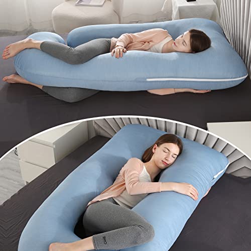 Elover Pregnancy Pillows with Cooling Cover,U-Shaped Full Body Maternity Pillow for Side Sleepers 57 Inch-Support for Back, Hip, Belly, Legs for Pregnant Women (Cooling Material,Haze Blue) - Image 3
