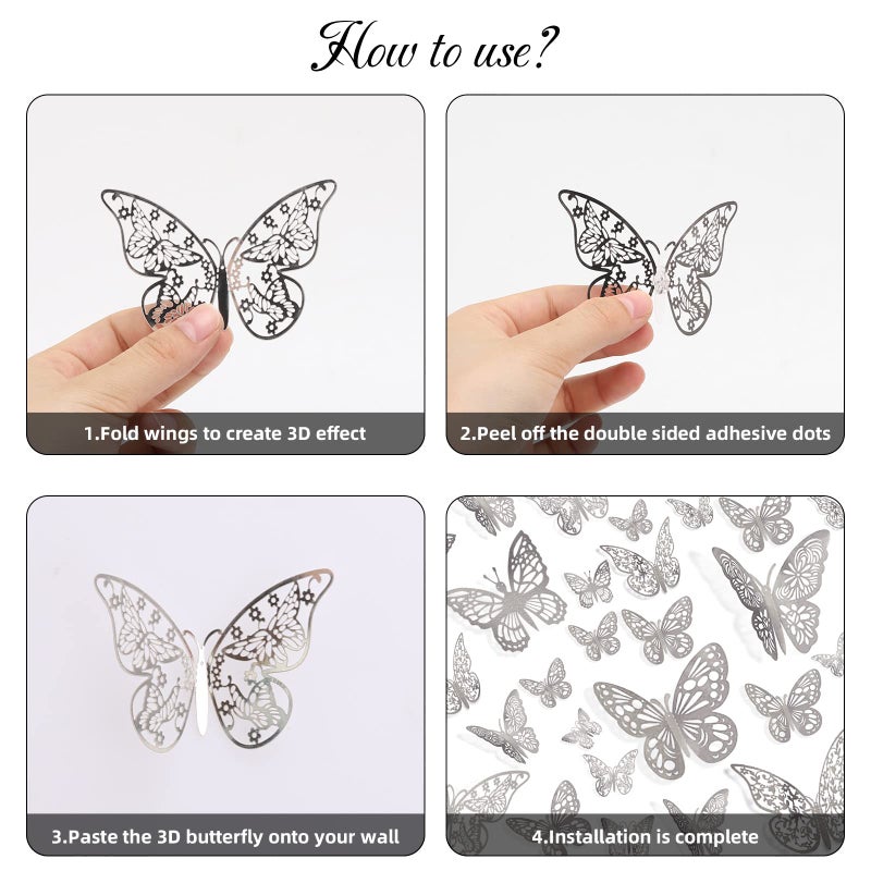 بي تي واي ام اس 144 PCS 3D Butterly Wall Stickers Decor 6 Styles 3 Sives - Image 3