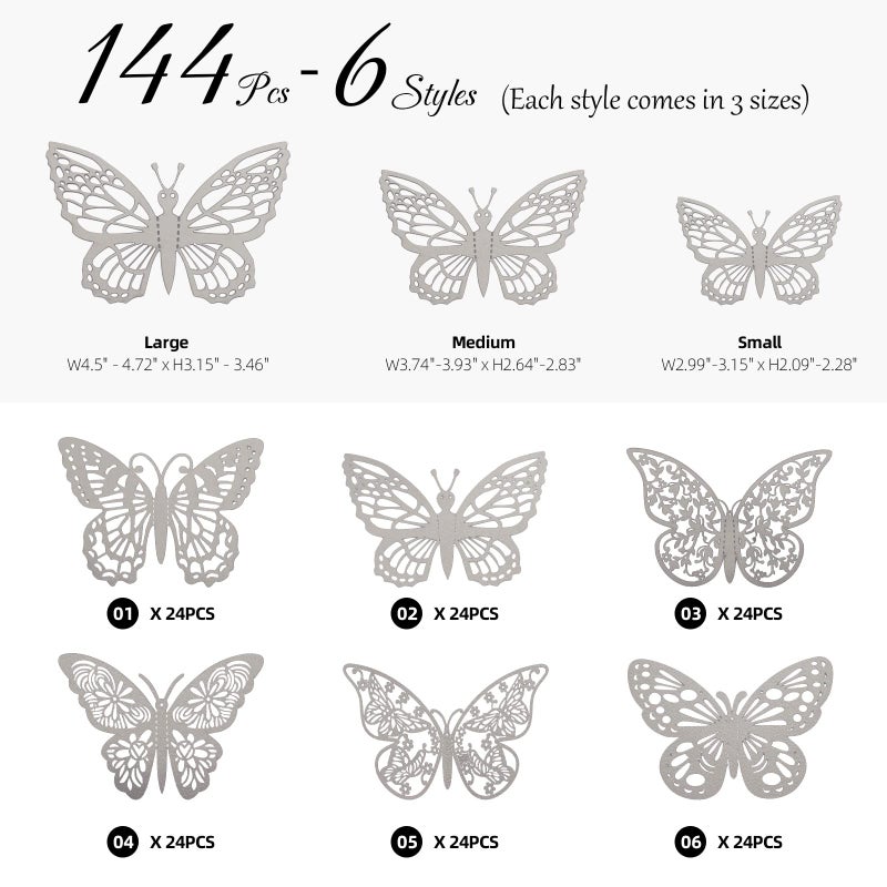 بي تي واي ام اس 144 PCS 3D Butterly Wall Stickers Decor 6 Styles 3 Sives - Image 2