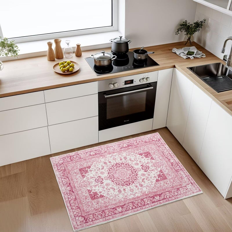 Macgace 2x3 Bright Pink Area Rug for Entryway, Small Washable Rugs with Non-Slip Backing for Girls Bedroom, Cute Vintage Throw Carpet Kitchen Laundry Front Door Decor - Image 3