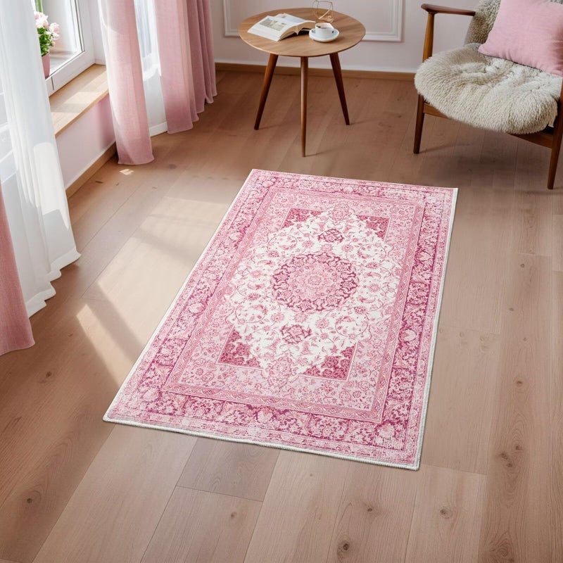 Macgace 2x3 Bright Pink Area Rug for Entryway, Small Washable Rugs with Non-Slip Backing for Girls Bedroom, Cute Vintage Throw Carpet Kitchen Laundry Front Door Decor - Image 2