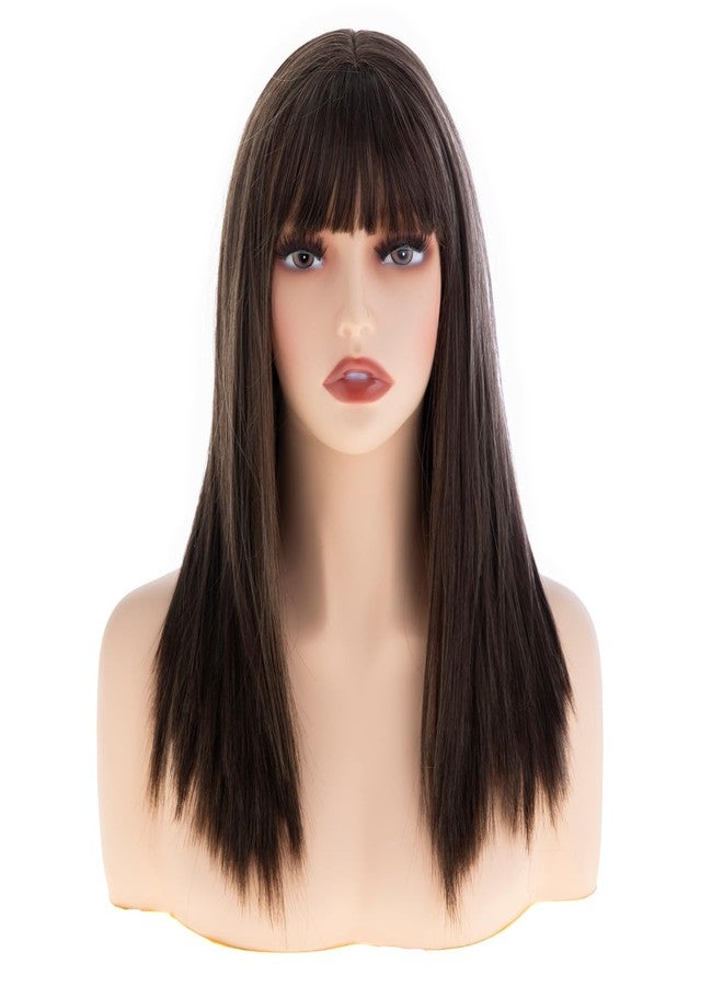Wiwige Long Brown Straight Wigs with Bangs Synthetic Natural Looking Layered Hair Wig for Women Daily Party Use - Image 2