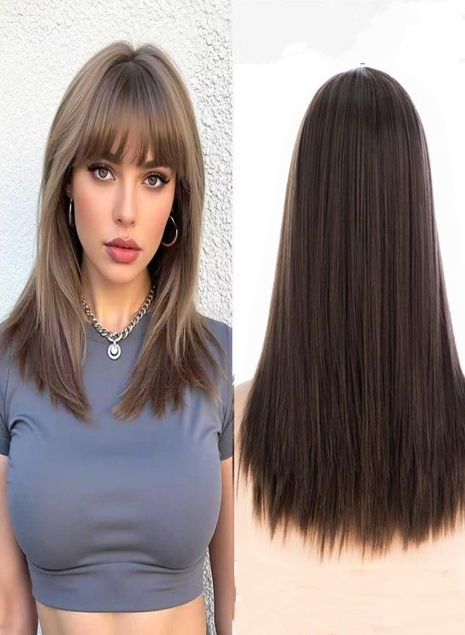 Wiwige Long Brown Straight Wigs with Bangs Synthetic Natural Looking Layered Hair Wig for Women Daily Party Use - Image 1
