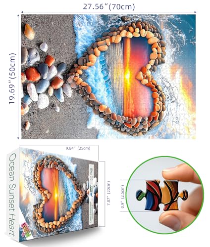 MINIWAN Romantic Heart Shaped Pebble Beach Sunset 1000 Piece Jigsaw Puzzle for Adults Ocean Wave Stone Heart Jigsaw Puzzle Romantic Valentine Gift for Nature Lover Couples 275x197 Inch - Image 5