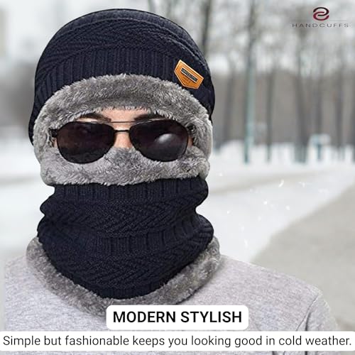 Handcuffs Winter Cap with Neck Scarf – Thermal Beanie with Neck Warmer for Men & Women Thick And Fluffy Woolen Cap for Cold Weather, Ski, Outdoor Activities (Black) - Image 4