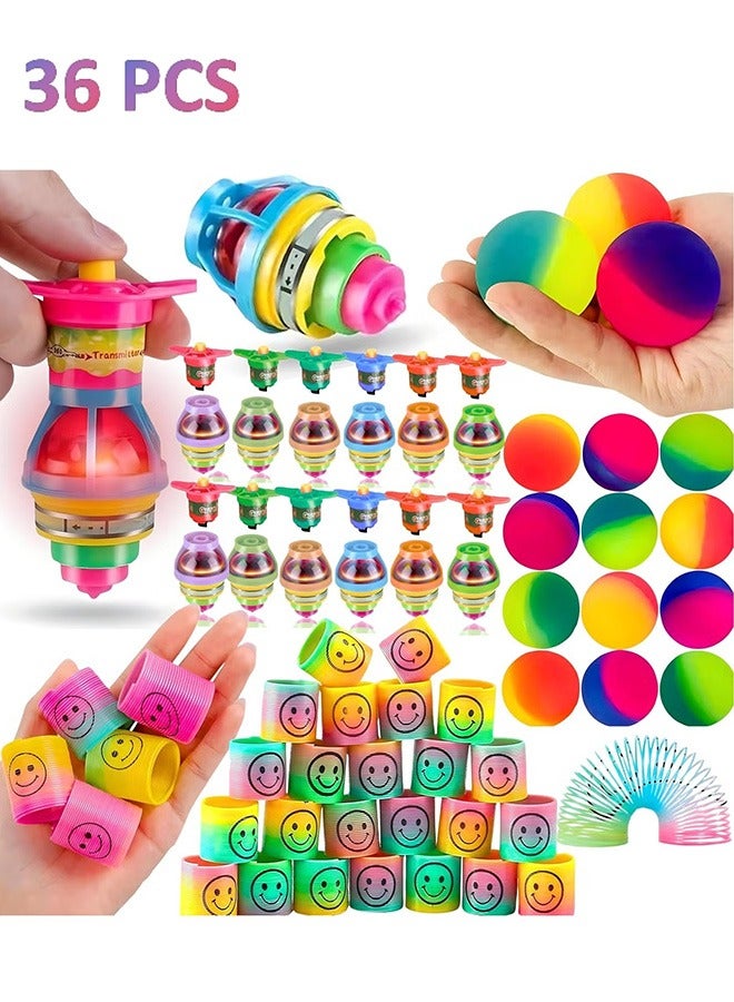 12 Bouncy Balls,12 Smiley Face Rainbow Spring, 12 Flashing Gyro Spinner, Party Supplies Spinning Tops, Multi Colors for Kids Birthday Party Favors Carnival Prizes