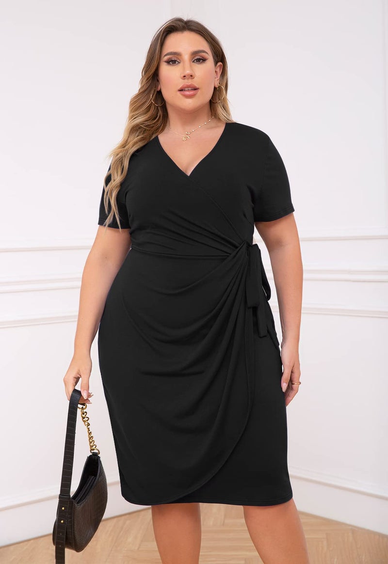 Nemidor Plus Size Dresses for Curvy Women Summer Casual Wrap Bodycon Midi Short Sleeve Pleated Dress 14-26(303,18,Black) - Image 2