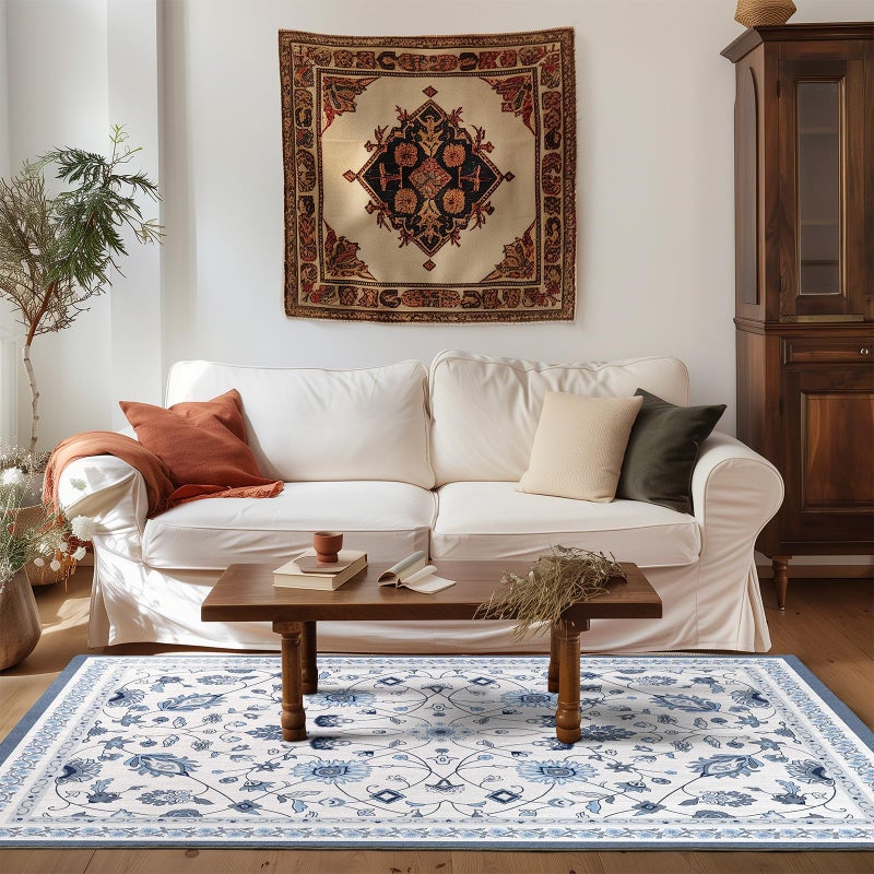 EVERGRACE Area Rugs for Living Room 5x7, Boho Floral Faux Wool Indoor Outdoor Rugs, Washable Rugs for Bedroom Dining Room Entryway Kitchen, Low Pile Floor Mat Carpet for Home Decor, Porcelain Blue - Image 1