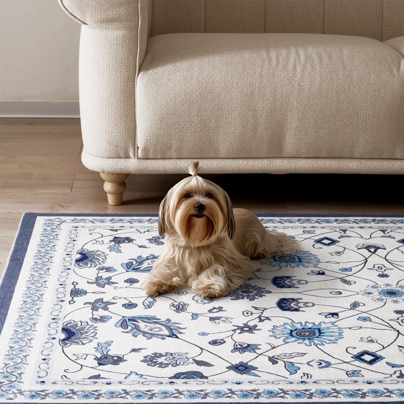 EVERGRACE Area Rugs for Living Room 5x7, Boho Floral Faux Wool Indoor Outdoor Rugs, Washable Rugs for Bedroom Dining Room Entryway Kitchen, Low Pile Floor Mat Carpet for Home Decor, Porcelain Blue - Image 5