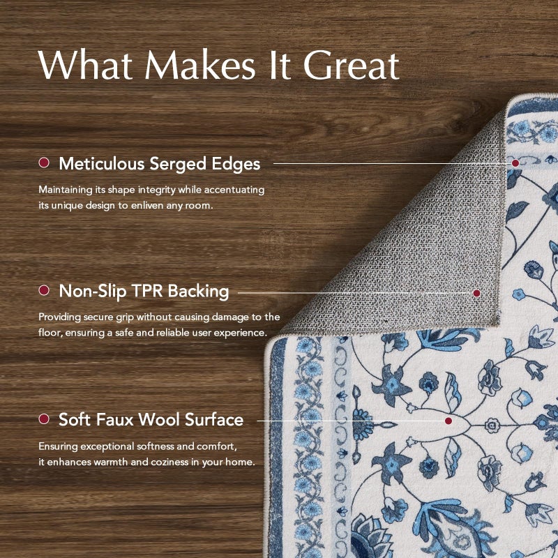 EVERGRACE Area Rugs for Living Room 5x7, Boho Floral Faux Wool Indoor Outdoor Rugs, Washable Rugs for Bedroom Dining Room Entryway Kitchen, Low Pile Floor Mat Carpet for Home Decor, Porcelain Blue - Image 3