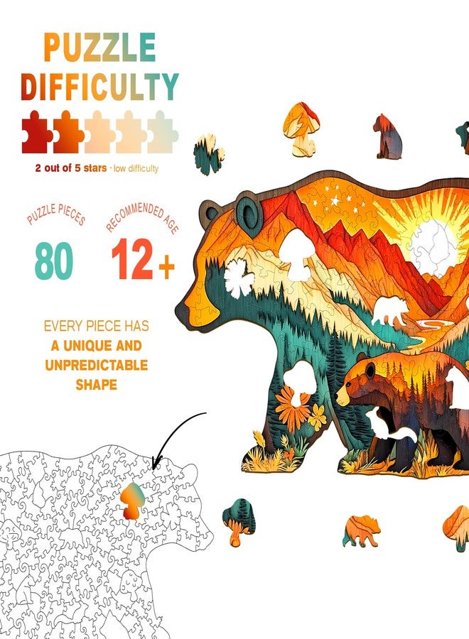 DOCRAGI Wooden Puzzles for Adults - Forest Bears Wooden Jigsaw Puzzle - Unique Animal Shaped Wood Puzzles Adult - Christmas Birthday Gifts for Adults/Friends/Family - 80pcs 9.7 * 5.2in - Image 2
