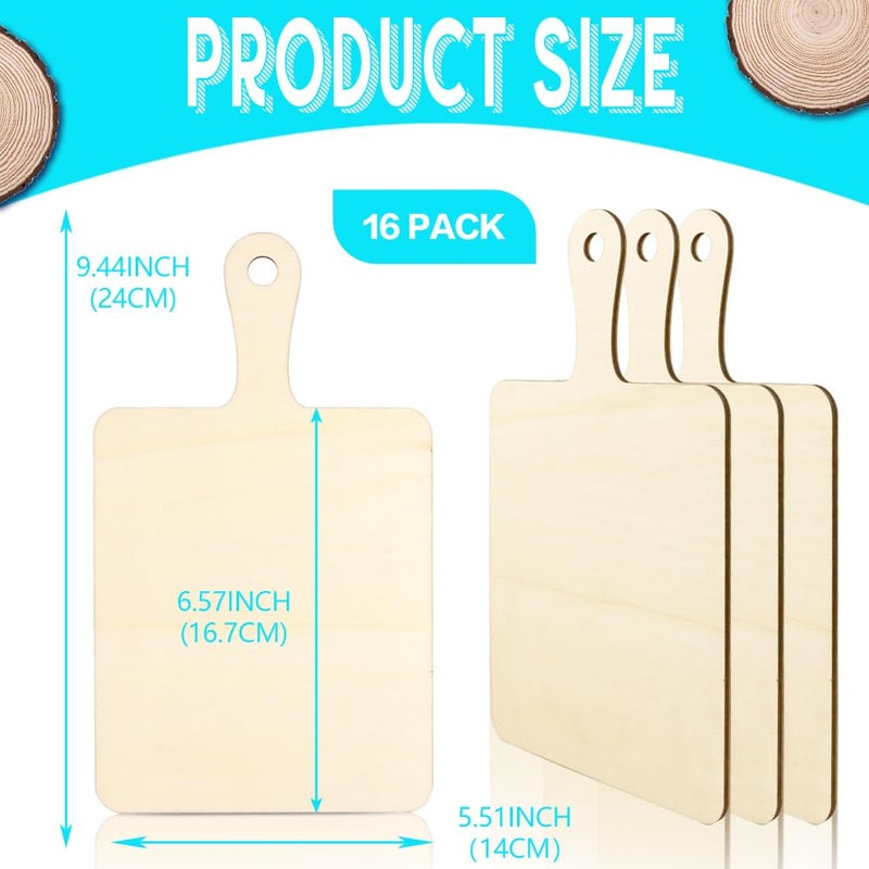 Vmiapxo 16 Pack Unfinished Wood Cutting Board Craft with Handle, Wooden Paddle Cheese Bread Board Set Chopping Board Serving Tray for Craft DIY Christmas Home Kitchen Cooking Decor (9.4" x 5.5") - Image 2
