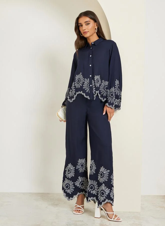 Styli Women Navy Blue Cropped Shirt with Crochet Detail