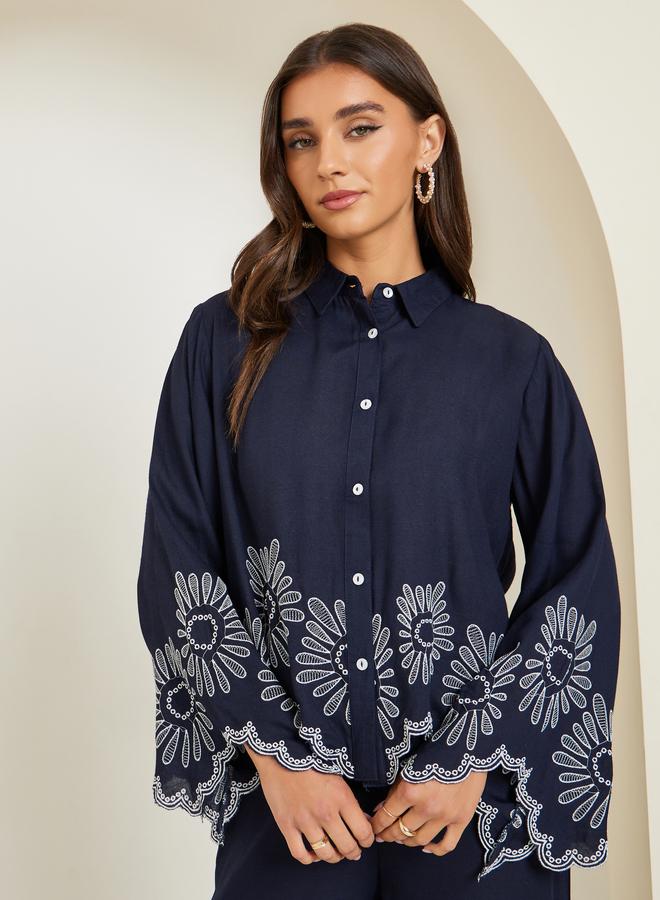 Styli Women Navy Blue Cropped Shirt with Crochet Detail - Image 1
