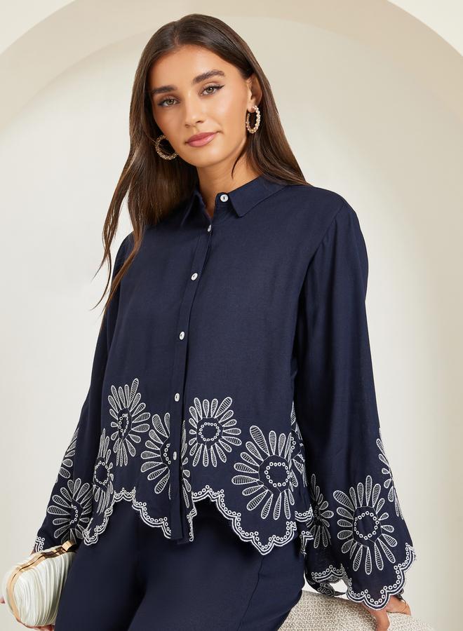 Styli Women Navy Blue Cropped Shirt with Crochet Detail - Image 3