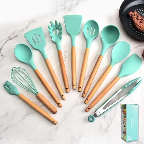 SKYTONE Silicone Kitchen Spatula and Utensils Spoon Set 12-Piece Silicone Kitchen Cooking Utensils Set, Non-Stick Utensils Set Heat Resistant Easy Clean, BPA Free Tools (12, Green) - Image 3