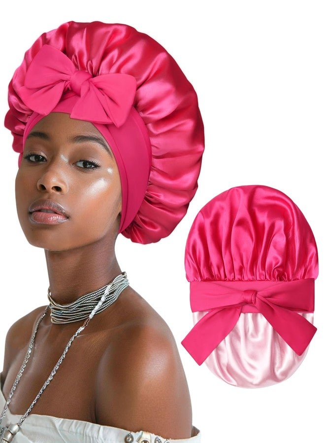 AWAYTR Satin Bonnet for Women Silk Bonnets for Sleeping Curly Hair Bonnet with Elastic Tie Band Reversible Double Layer Sleep Cap Hair Wrap (Rose Red + Pink) - Image 1