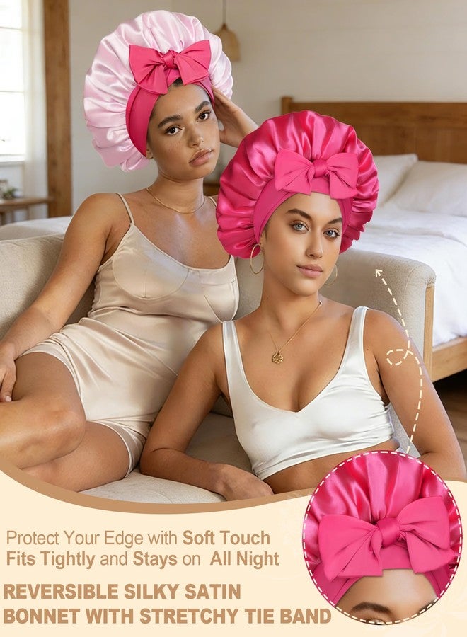 AWAYTR Satin Bonnet for Women Silk Bonnets for Sleeping Curly Hair Bonnet with Elastic Tie Band Reversible Double Layer Sleep Cap Hair Wrap (Rose Red + Pink) - Image 2