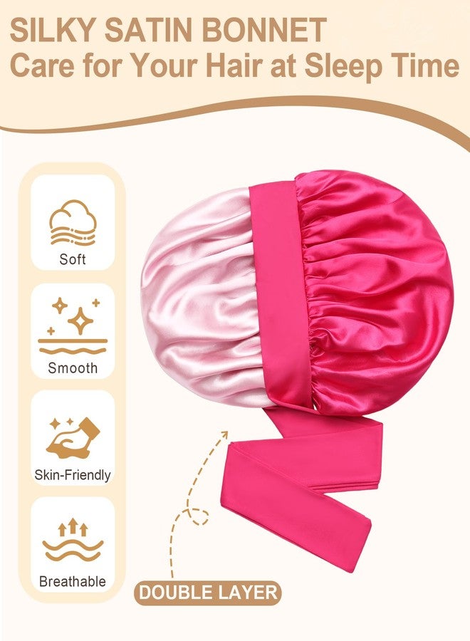 AWAYTR Satin Bonnet for Women Silk Bonnets for Sleeping Curly Hair Bonnet with Elastic Tie Band Reversible Double Layer Sleep Cap Hair Wrap (Rose Red + Pink) - Image 4