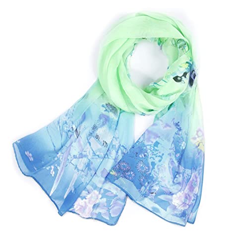 E-Clover - Unique Women's Floral Scarves: Chiffon Flowers & Birds Printed Scarf (Light Blue+Pale Green) - Image 1