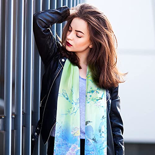 E-Clover - Unique Women's Floral Scarves: Chiffon Flowers & Birds Printed Scarf (Light Blue+Pale Green) - Image 4