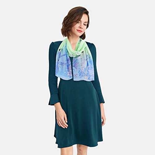E-Clover - Unique Women's Floral Scarves: Chiffon Flowers & Birds Printed Scarf (Light Blue+Pale Green) - Image 2