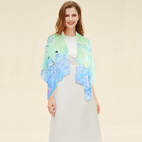 E-Clover - Unique Women's Floral Scarves: Chiffon Flowers & Birds Printed Scarf (Light Blue+Pale Green) - Image 3