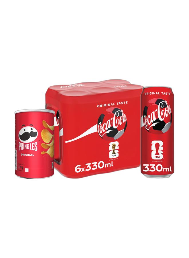 noon Pringles Original Chips 70grams + Coca Cola Original Taste Carbonated Soft Drink Can 330ml Pack of 6 - Image 1