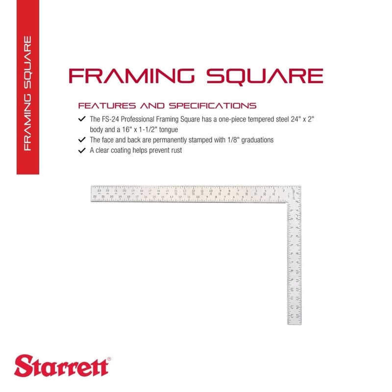 Starrett Starrett Professional Framing Square with Clear Coating and 18 Graduations Stamping  Tempered Steel 24 x 2 Body 16 x 112 Tongue  FS24  - Image 2