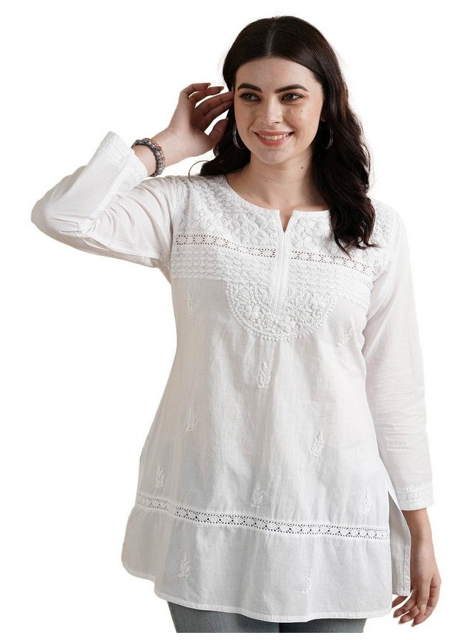 Ada Women's Handmade Pure Cotton Lucknow Chikan Short Kurti 3XL100595 White - Image 1