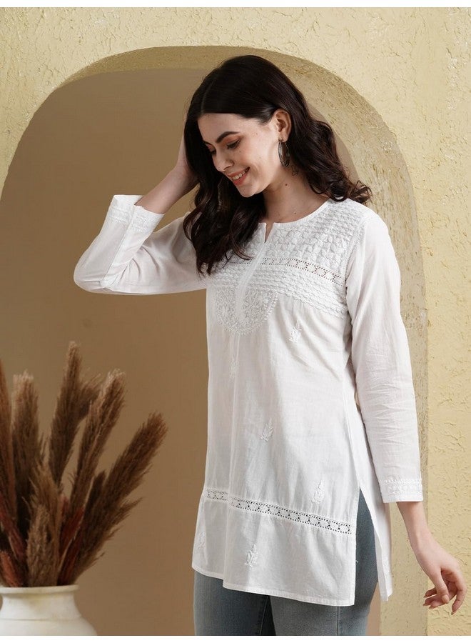 Ada Women's Handmade Pure Cotton Lucknow Chikan Short Kurti 3XL100595 White - Image 4