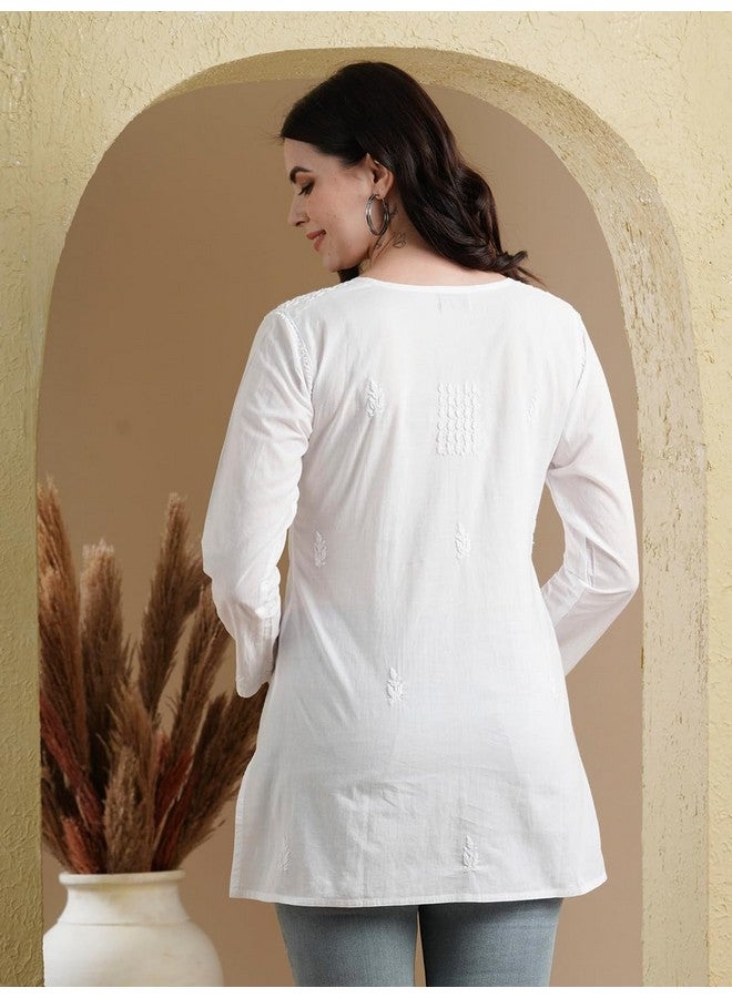 Ada Women's Handmade Pure Cotton Lucknow Chikan Short Kurti 3XL100595 White - Image 2