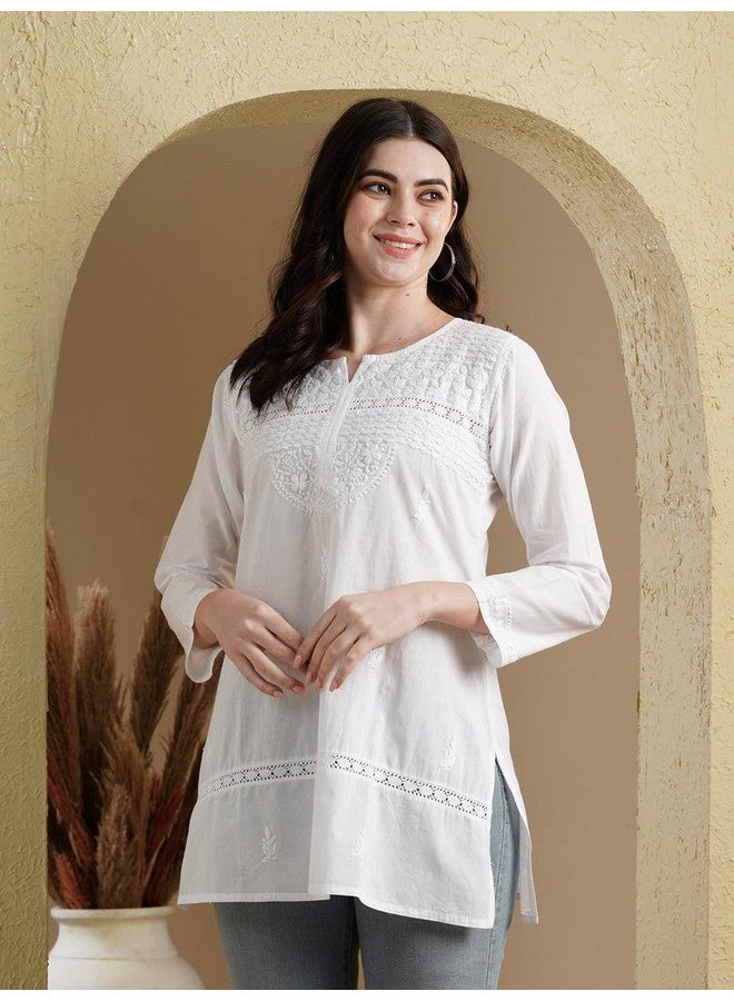 Ada Women's Handmade Pure Cotton Lucknow Chikan Short Kurti 3XL100595 White - Image 5