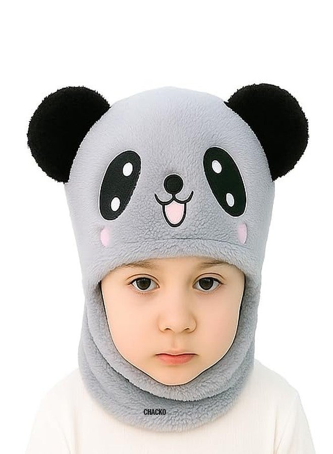 CHACKO Winter Woolen Kids Cap with Ear & Neck Protection | Panda Design Beanie Hat for Boys & Girls (Age 5-10 Years) - Grey, 1 Count - Image 3