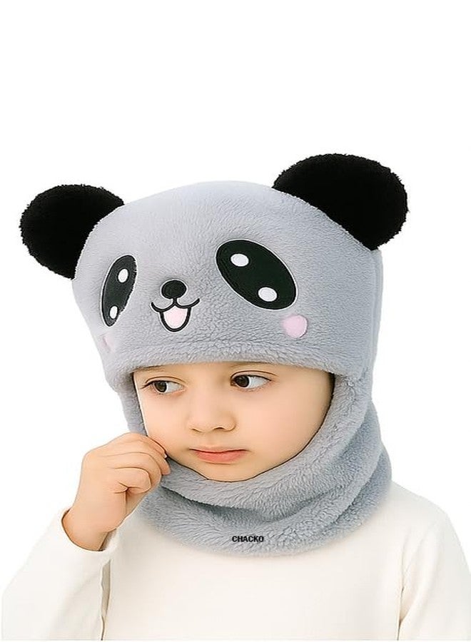 CHACKO Winter Woolen Kids Cap with Ear & Neck Protection | Panda Design Beanie Hat for Boys & Girls (Age 5-10 Years) - Grey, 1 Count - Image 2
