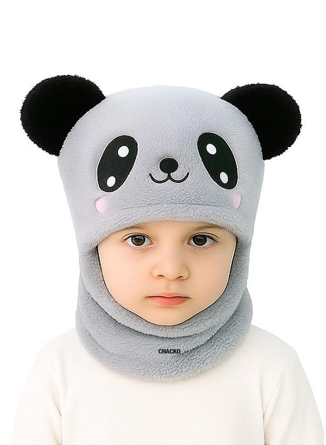 CHACKO Winter Woolen Kids Cap with Ear & Neck Protection | Panda Design Beanie Hat for Boys & Girls (Age 5-10 Years) - Grey, 1 Count - Image 1