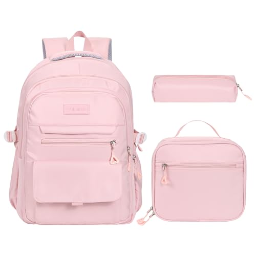 Phaoullzon Teen Girls School Backpack with Lunch Box for Boys, College Aesthetic Laptop Bookbag for Women,Pink - Image 1