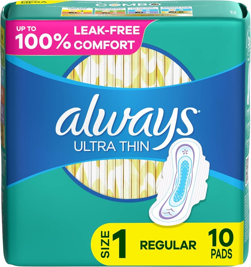 Always Ultra Thin Pads Size 1 Regular Absorbency Unscented with Wings, 10 Count, Packaging may vary