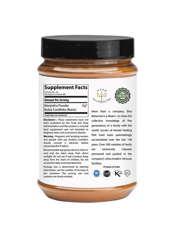 bixa BOTANICAL Manjistha Powder | Rubia cordifolia | 200 Grams / 7 OZ | Herbal Supplement for Skin & Face Pack | Gluten Free, Non-GMO, Steam Treated, Vegan, 100% Pure. - Image 2
