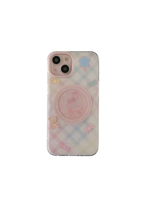 Gradient Plaid Cartoon KT Magnetic Bracket 13 Pro14Promax Phone Case For Iphone 15pro/12pro-Color:Magnetic IMD Gradient Plaid KT Single Shell-Applicable Model:For Iphone 14Promax