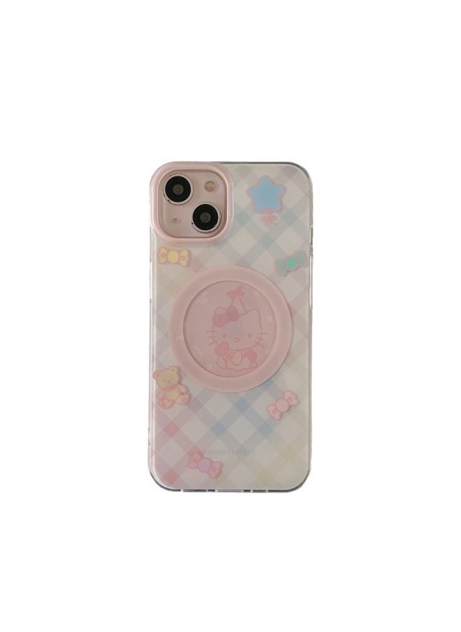 Gradient Plaid Cartoon KT Magnetic Bracket 13 Pro14Promax Phone Case For Iphone 15pro/12pro-Color:Magnetic IMD Gradient Plaid KT Single Shell-Applicable Model:For Iphone 14Promax